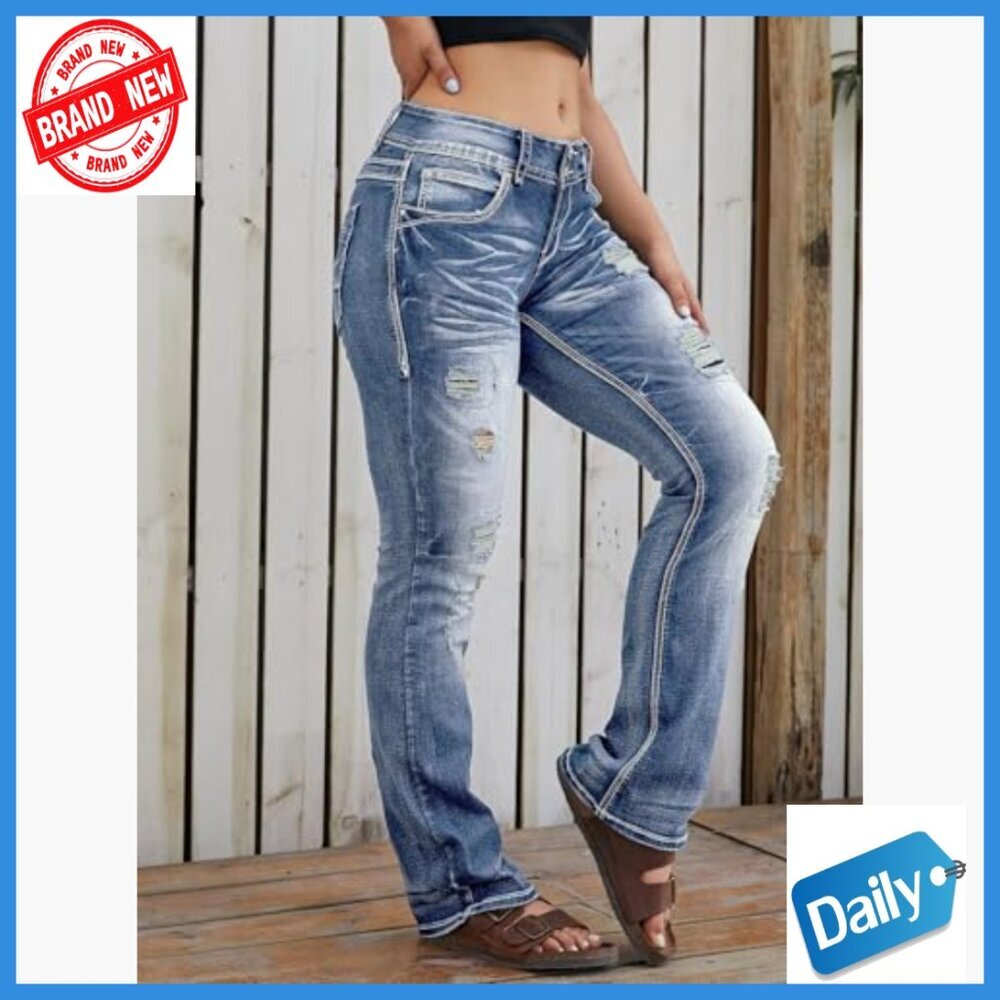 Low Rise Bootcut Jeans Distressed Ripped Denim Pants Regular Fit - Picture 3 of 5
